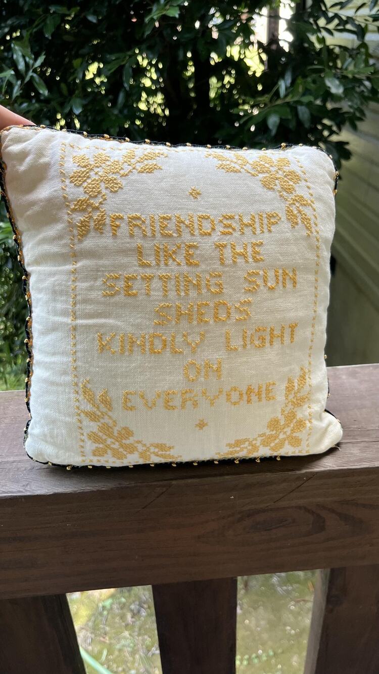 Vintage Hand Embroidered Friendship Pillow, Gold Cross Stitch Sampler, 10x10